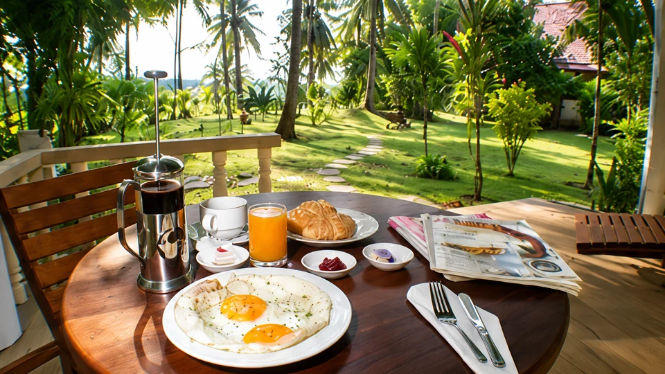 Frühstück auf der Restaurantterrasse mit Blick in den Garten