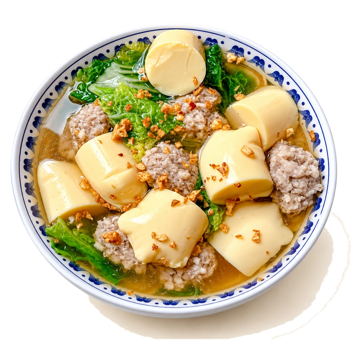 Klare Suppe mit Tofu und Hackfleisch
